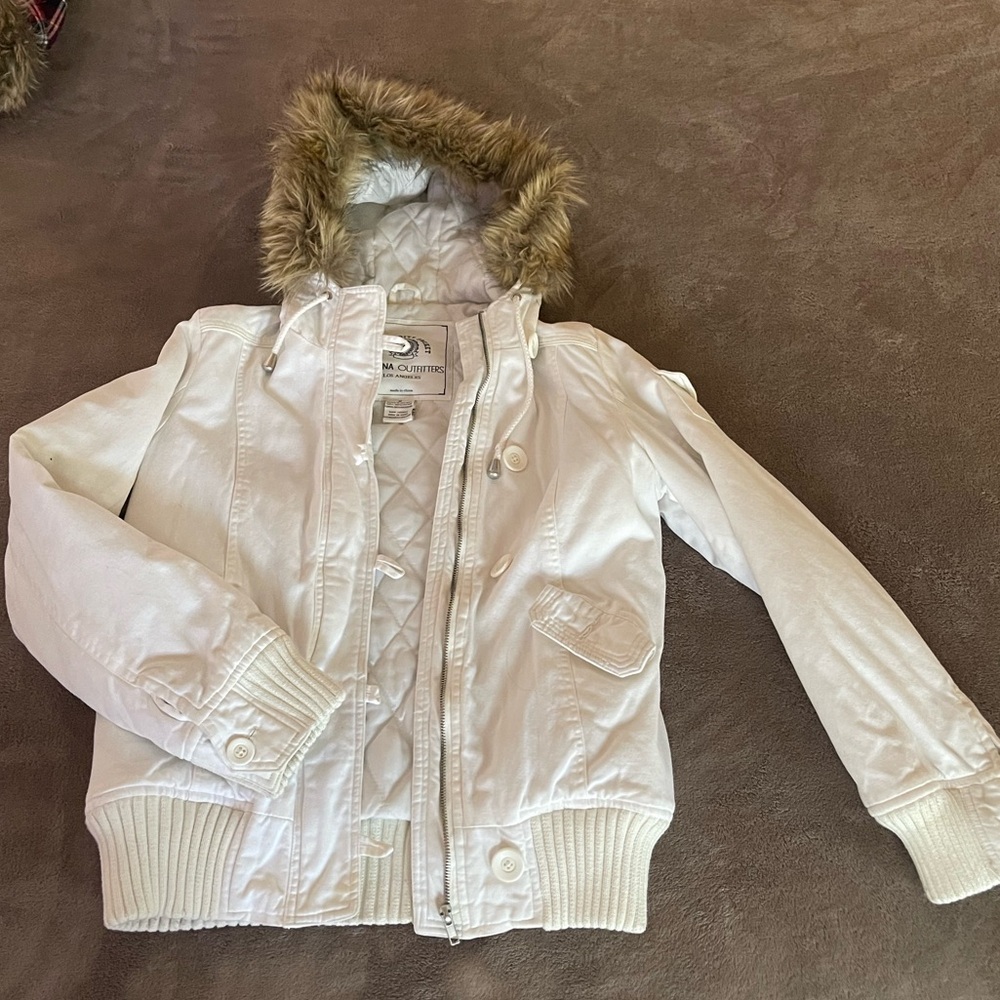 Zenana Outfitters White Jacket with Removable Faux Fur Hood